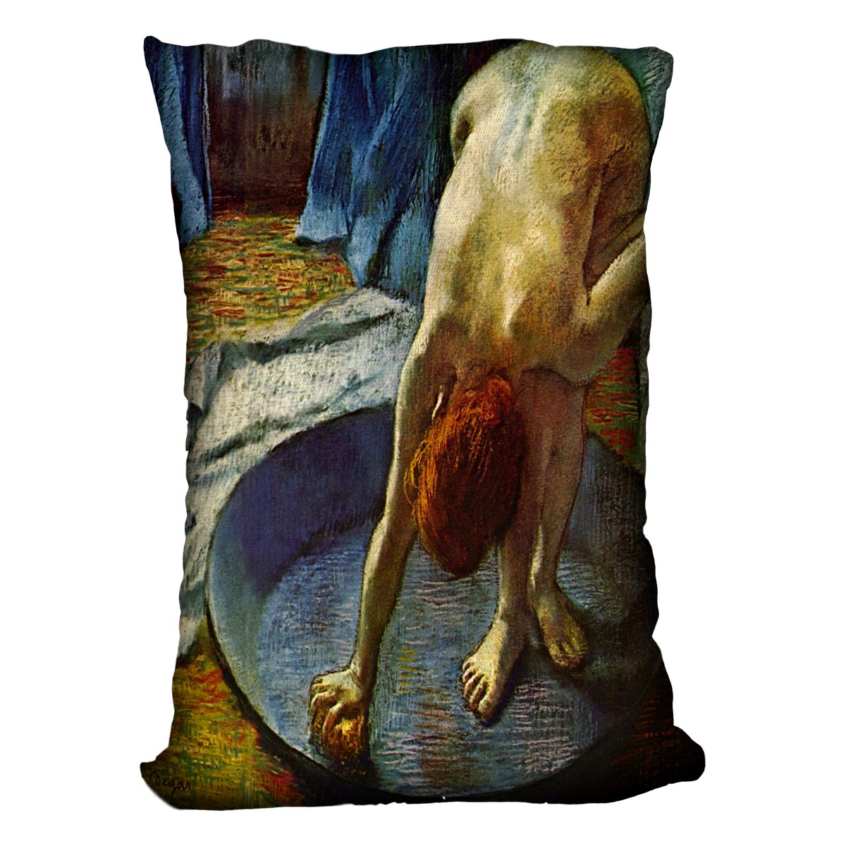 The Tub by Degas Cushion featuring vibrant abstract designs on luxurious vegan faux suede, perfect for home decor.