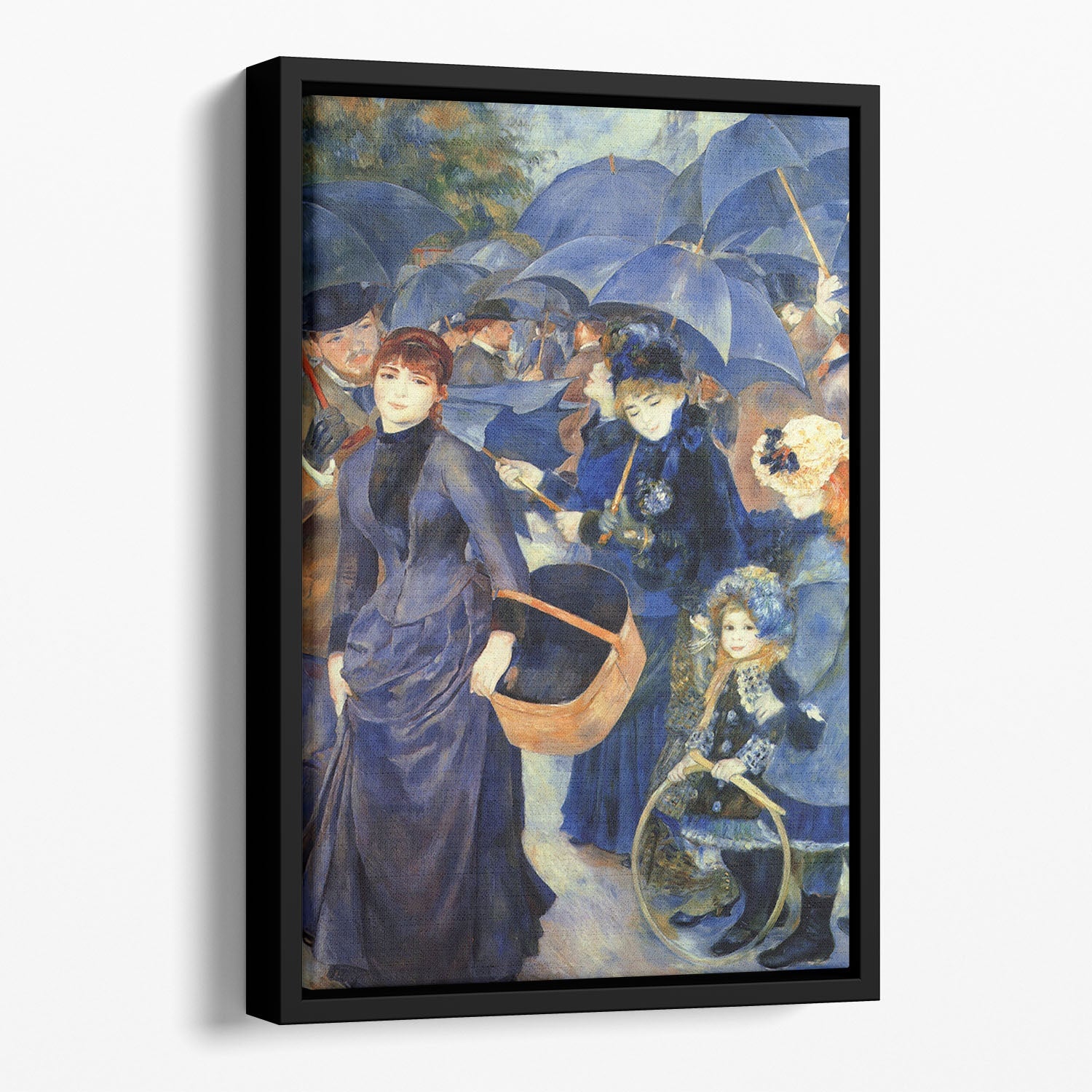 The Umbrellas by Renoir Floating Framed Canvas featuring vibrant colors and elegant floating frame design.
