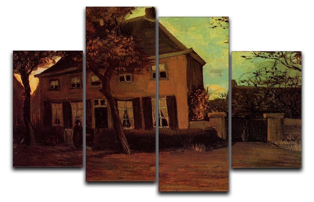 The Vicarage at Nuenen by Van Gogh displayed as a 4 split panel canvas, showcasing vibrant colors and intricate details.