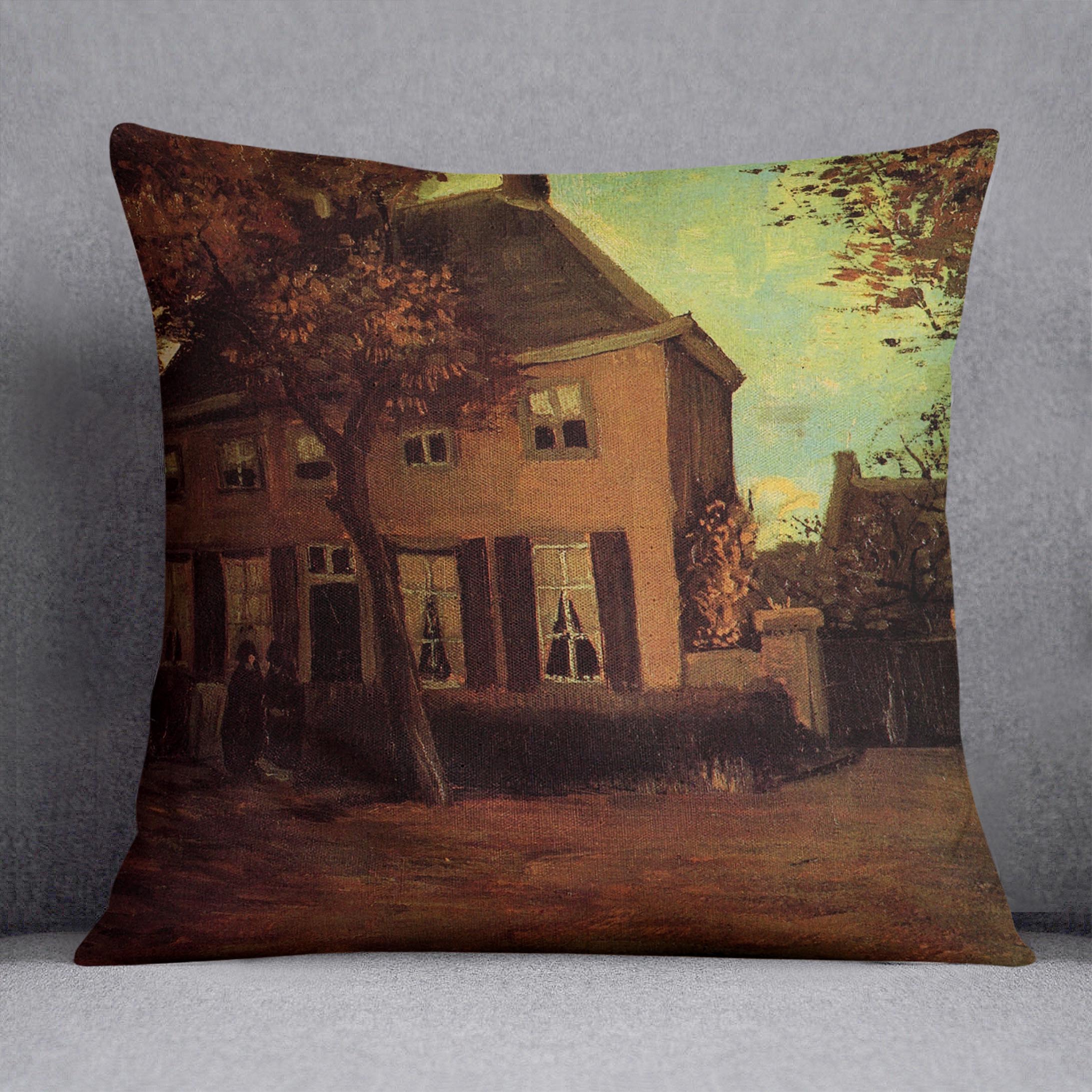 The Vicarage at Nuenen cushion featuring vibrant Van Gogh artwork on luxurious vegan faux suede.