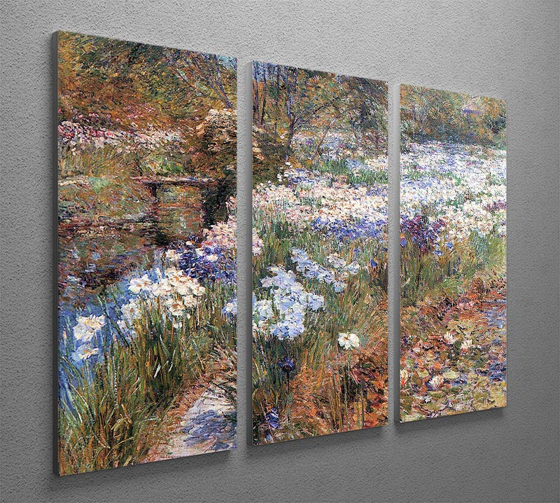 The Water Garden by Hassam 3 Split Panel Canvas Print featuring vibrant colors and serene nature scenes across three panels.