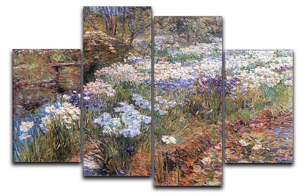 The Water Garden by Hassam 4 Split Panel Canvas showcasing vibrant colors and impressionistic style across four panels.