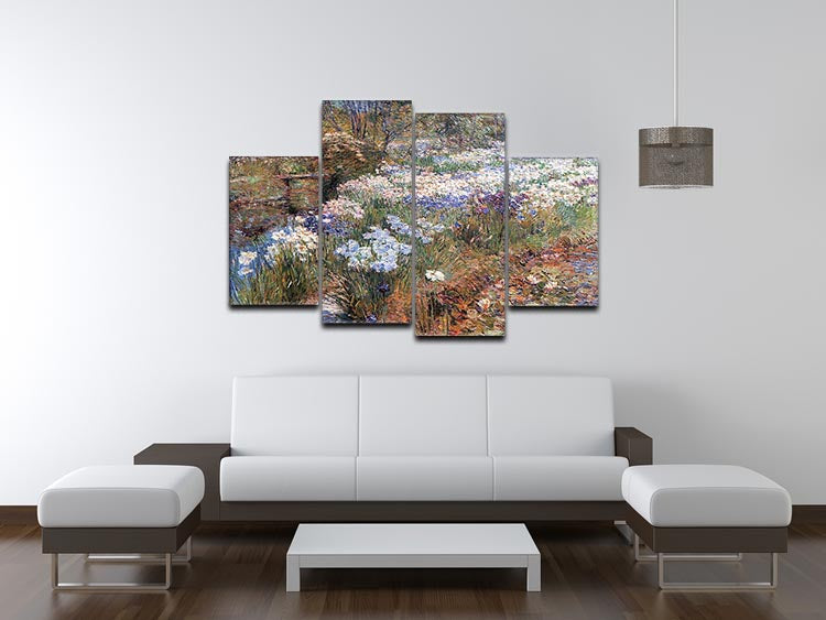The Water Garden by Hassam 4 Split Panel Canvas showcasing vibrant colors and impressionistic style across four panels.