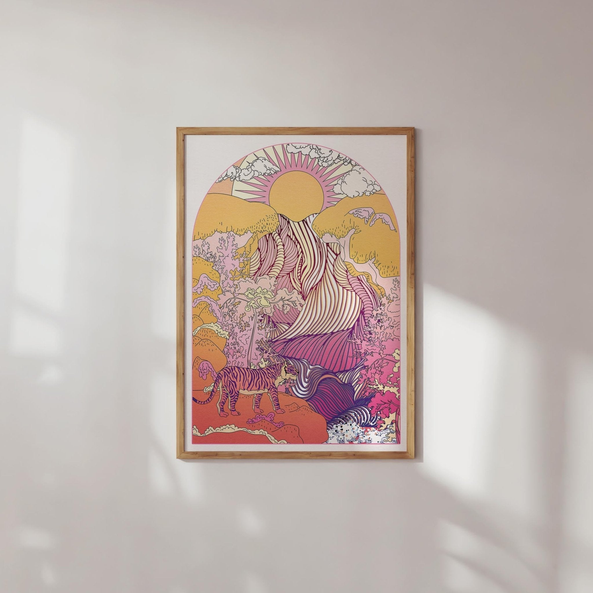 Art print featuring a majestic tiger gazing at a beautiful waterfall, showcasing vibrant colors and intricate details.