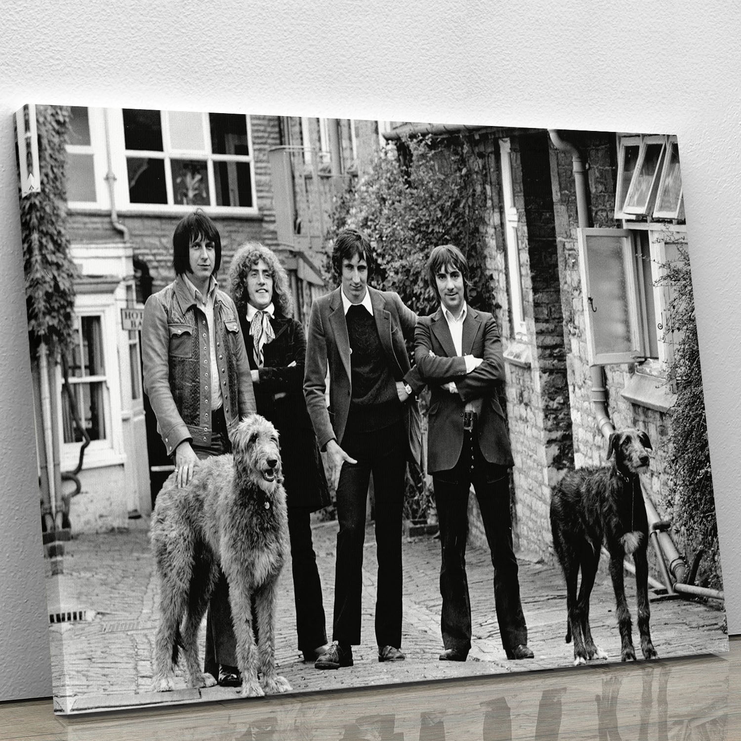 Canvas print or poster featuring The Who with dogs, showcasing vibrant colors and iconic imagery.