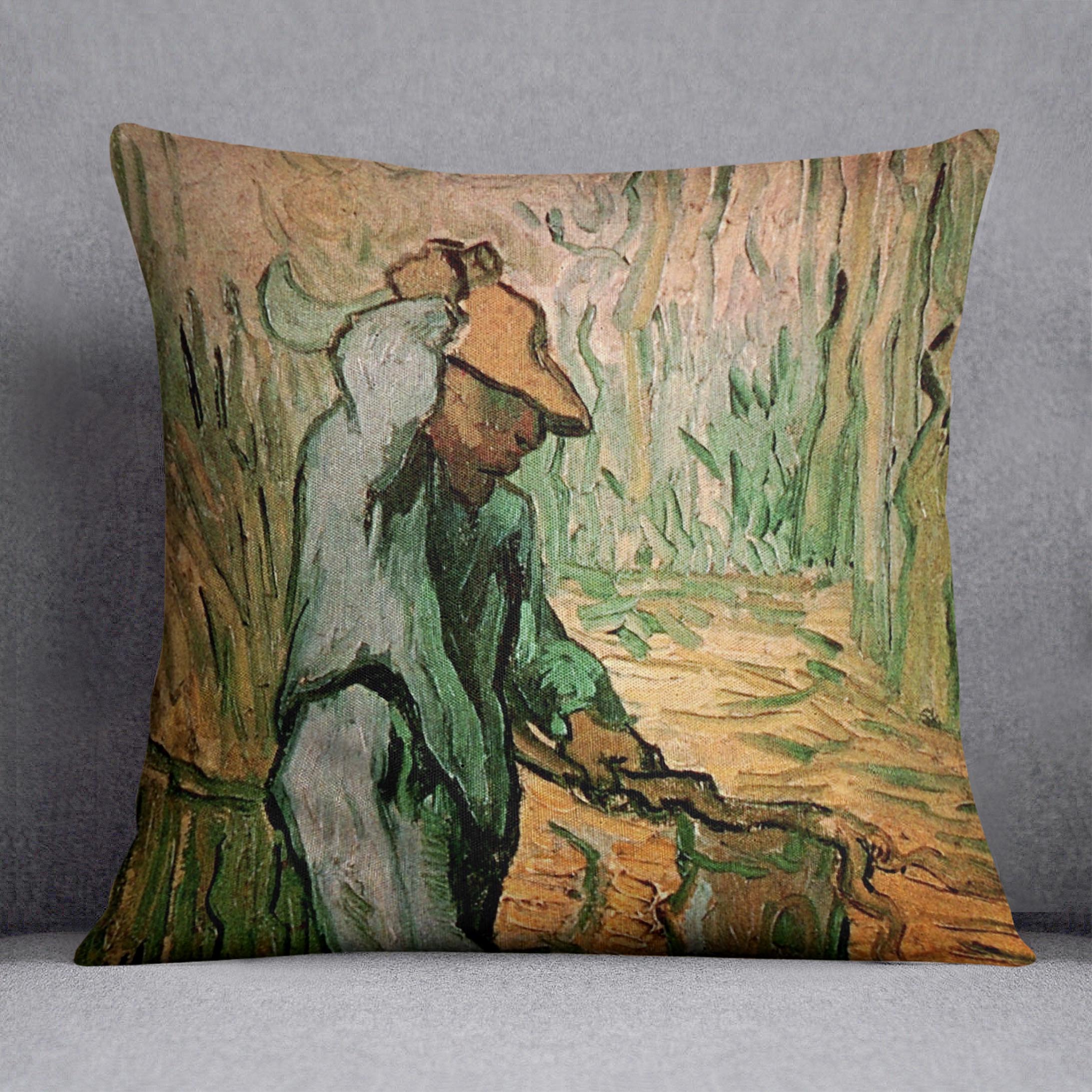 The Woodcutter after Millet by Van Gogh Cushion featuring vibrant colors and abstract design on luxurious vegan faux suede.