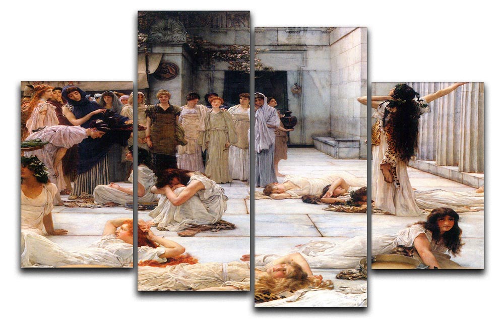 The Women of Amphissa by Alma Tadema, displayed as a 4 split panel canvas, showcasing intricate details and vibrant colors.