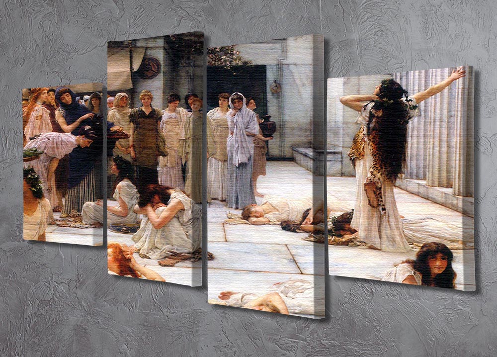 The Women of Amphissa by Alma Tadema, displayed as a 4 split panel canvas, showcasing intricate details and vibrant colors.