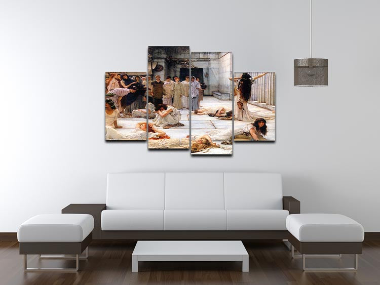 The Women of Amphissa by Alma Tadema, displayed as a 4 split panel canvas, showcasing intricate details and vibrant colors.