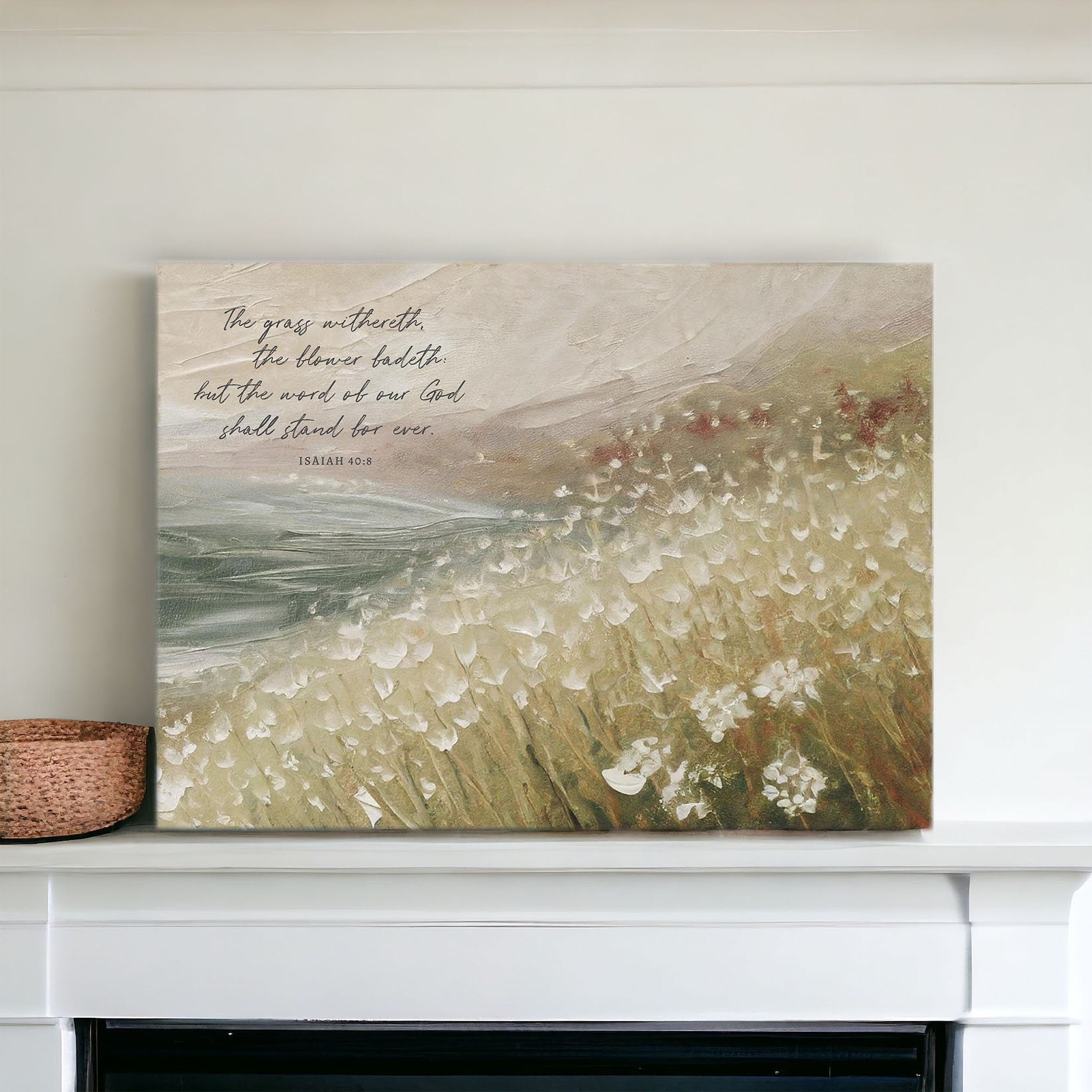 Gallery-wrapped canvas featuring serene landscape and scripture from Isaiah 40:8, perfect for home decor.
