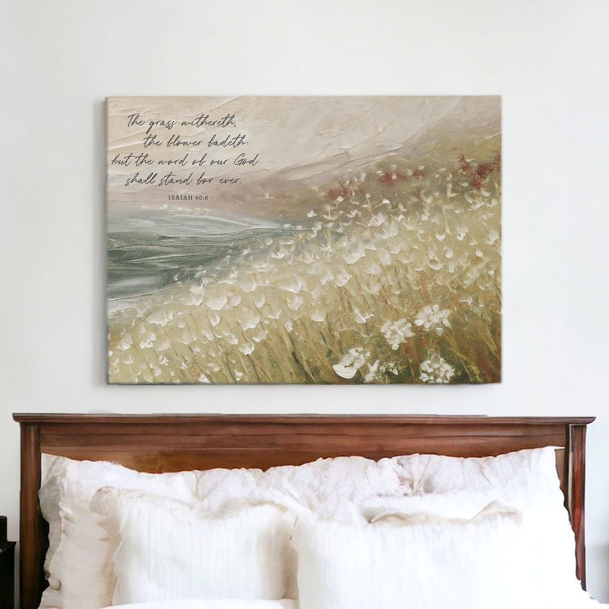 Gallery-wrapped canvas featuring serene landscape and scripture from Isaiah 40:8, perfect for home decor.