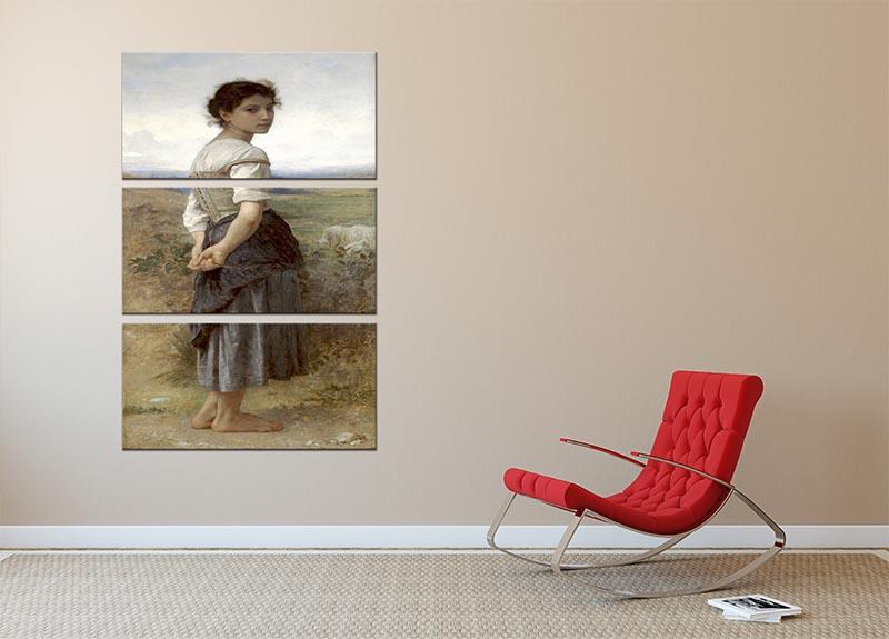 Three-panel canvas print of The Young Shepherdess by Bouguereau, showcasing vibrant colors and intricate details.