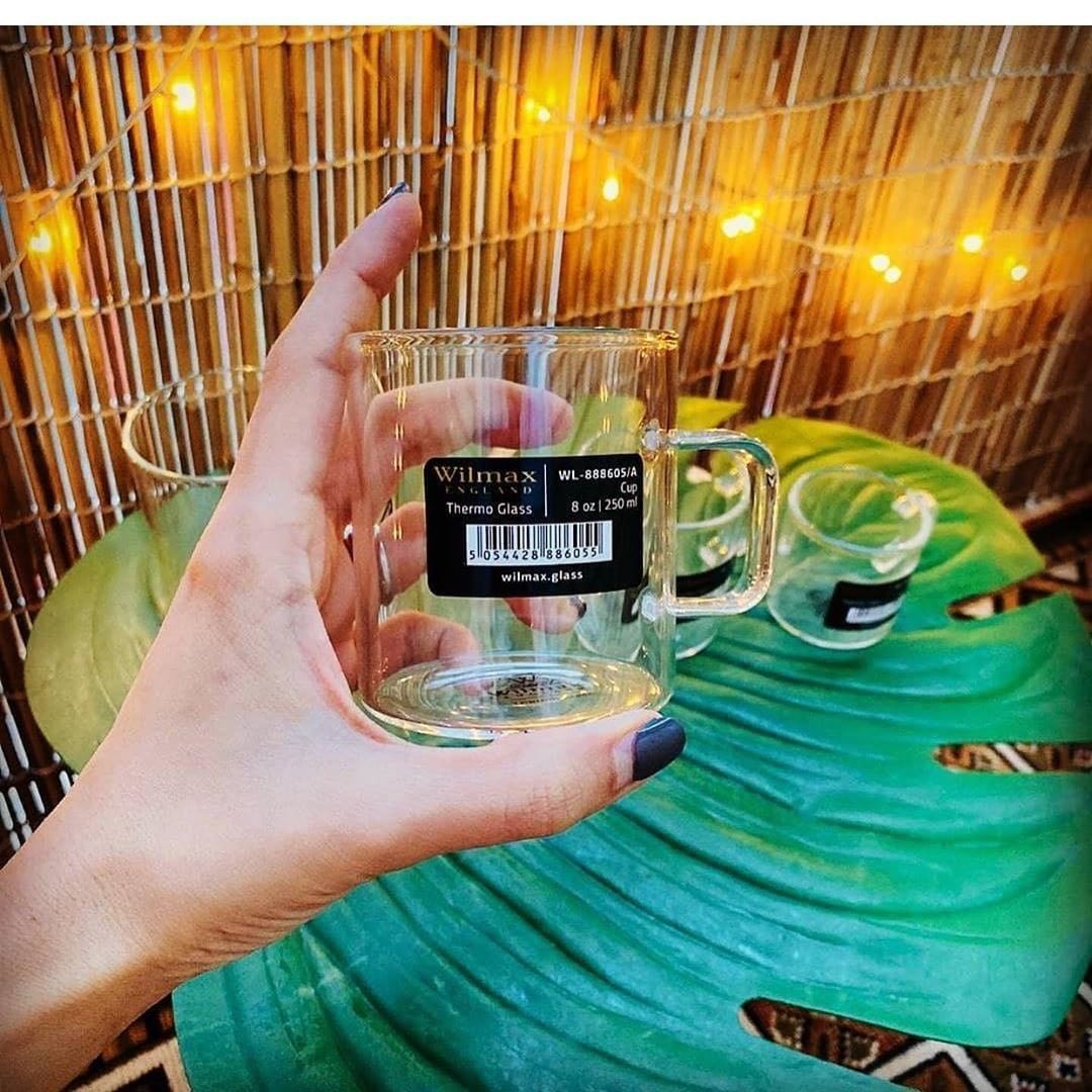 Thermo Glass Cup 8 Oz, showcasing its elegant design and clear borosilicate glass, perfect for hot and cold beverages.