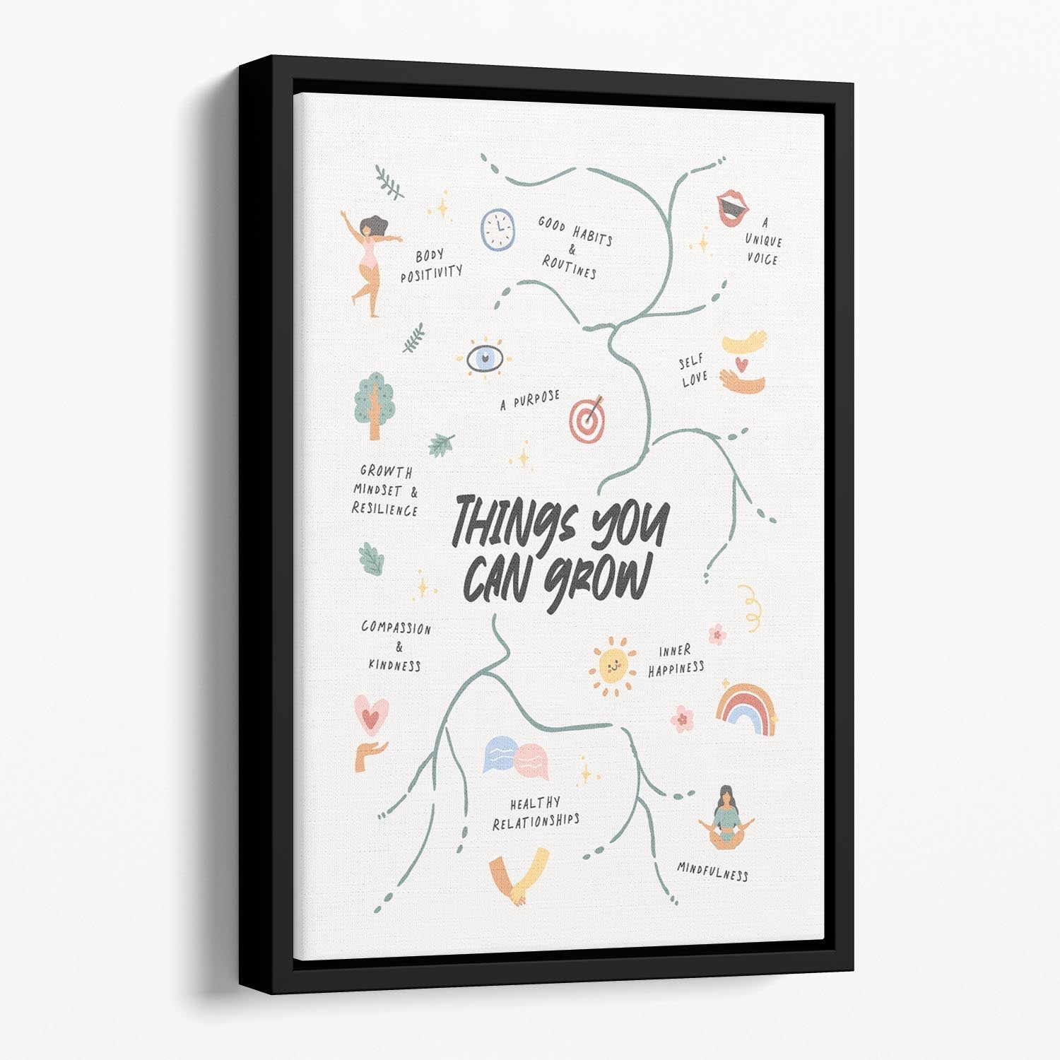 A vibrant abstract canvas art piece framed in a handcrafted floating frame, showcasing colorful designs that enhance home decor.