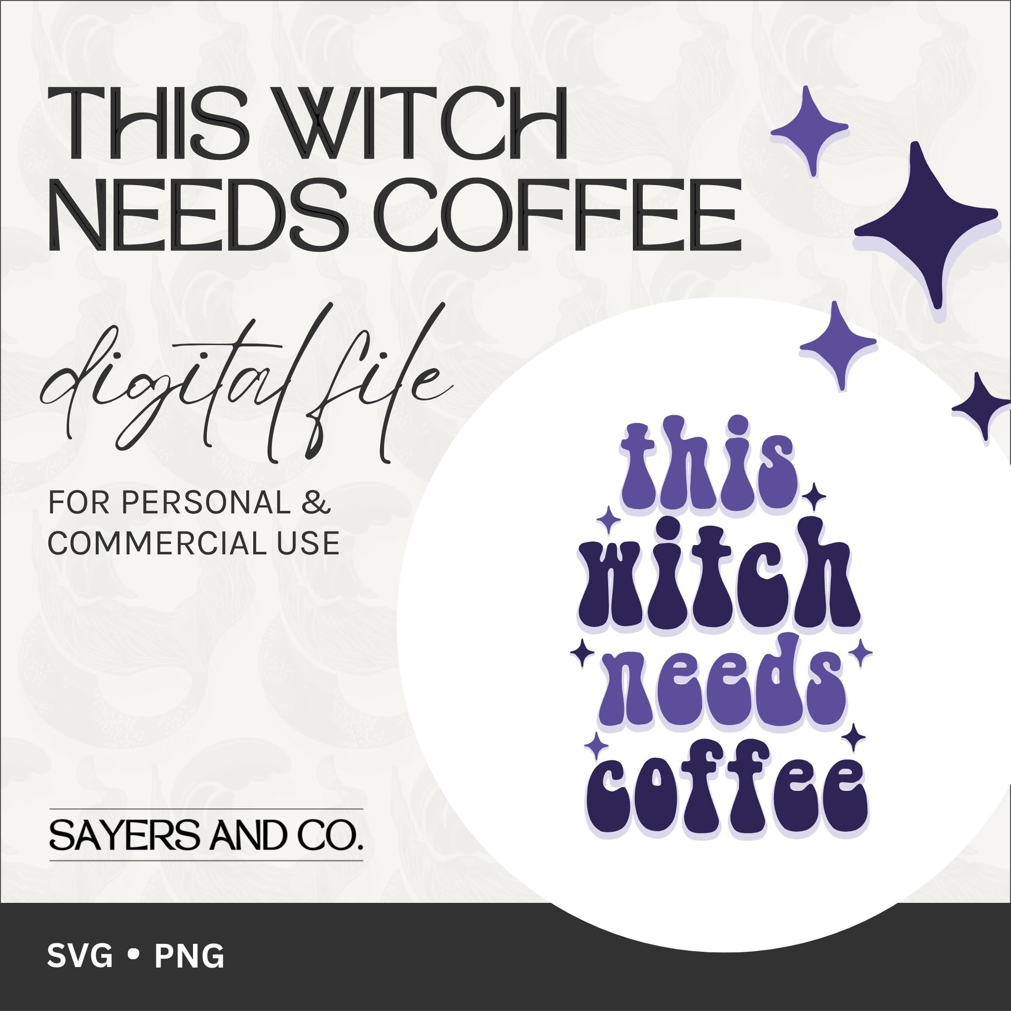Digital design featuring the phrase 'This Witch Needs Coffee' with spooky Halloween elements, perfect for crafting.