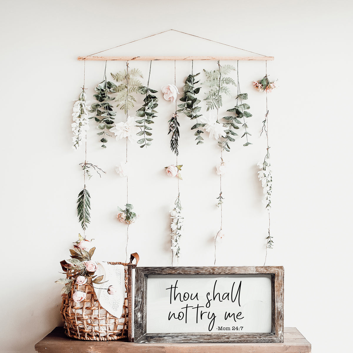 A humorous wooden sign reading 'Thou Shall Not Try Me Mom 24:7', crafted from premium Paulownia wood, featuring a stylish frame.