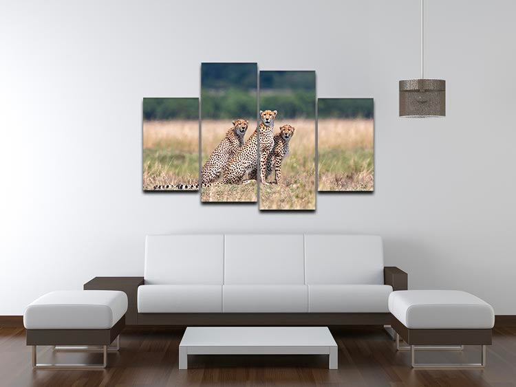 A stunning 4-split canvas artwork featuring three cheetahs in a dynamic arrangement, showcasing their beauty and grace.
