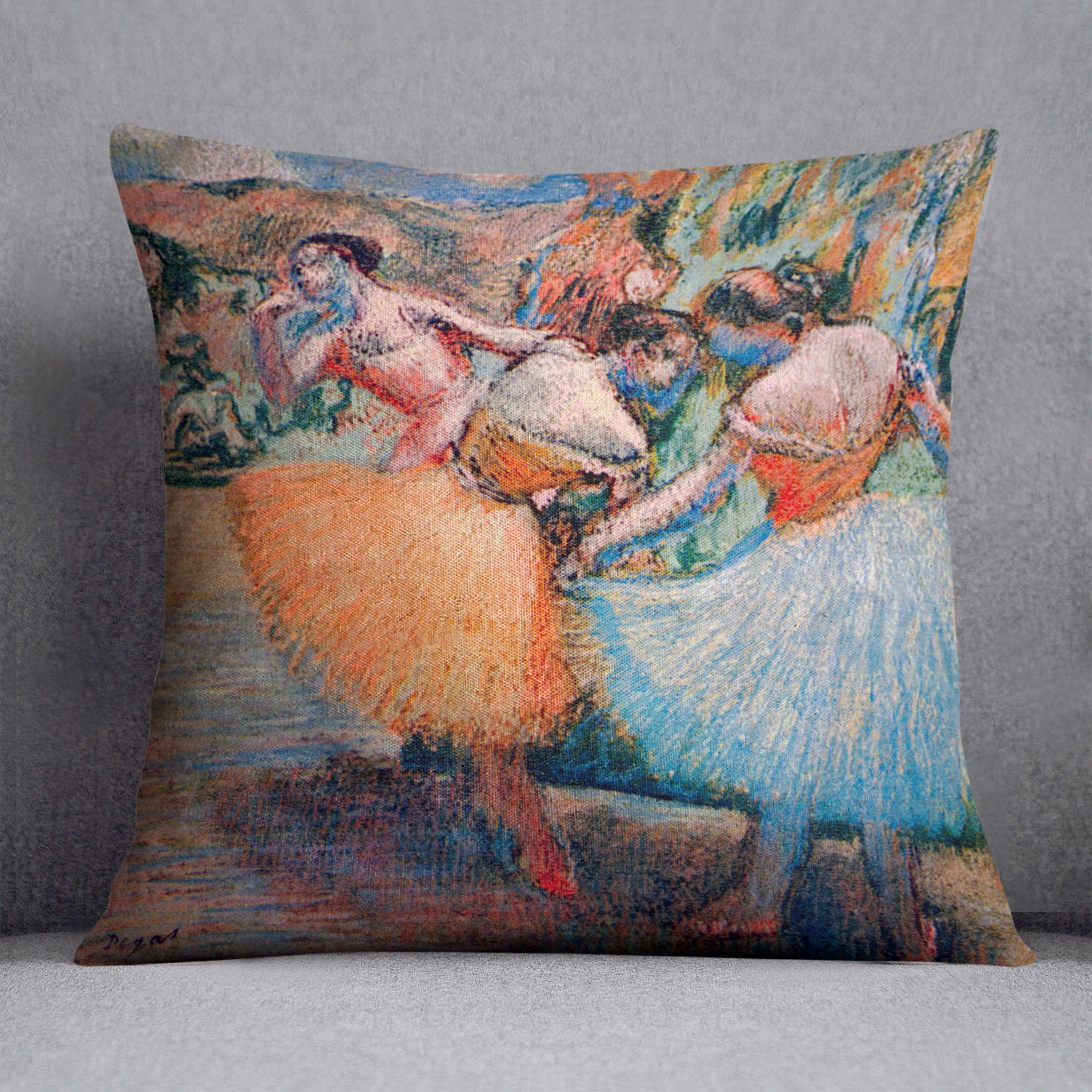 Three Dancers 1 by Degas Cushion featuring vibrant colors and abstract design on luxurious vegan faux suede.