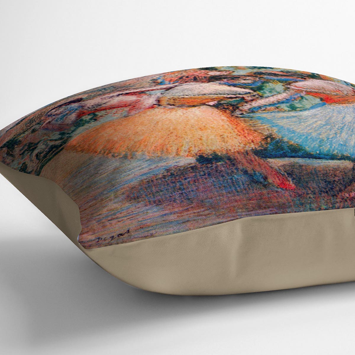 Three Dancers 1 by Degas Cushion featuring vibrant colors and abstract design on luxurious vegan faux suede.