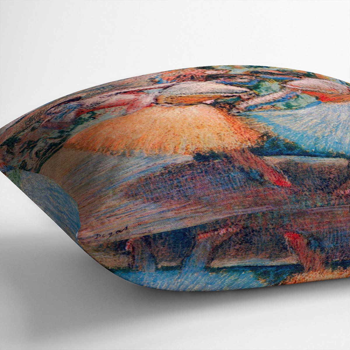 Three Dancers 1 by Degas Cushion featuring vibrant colors and abstract design on luxurious vegan faux suede.