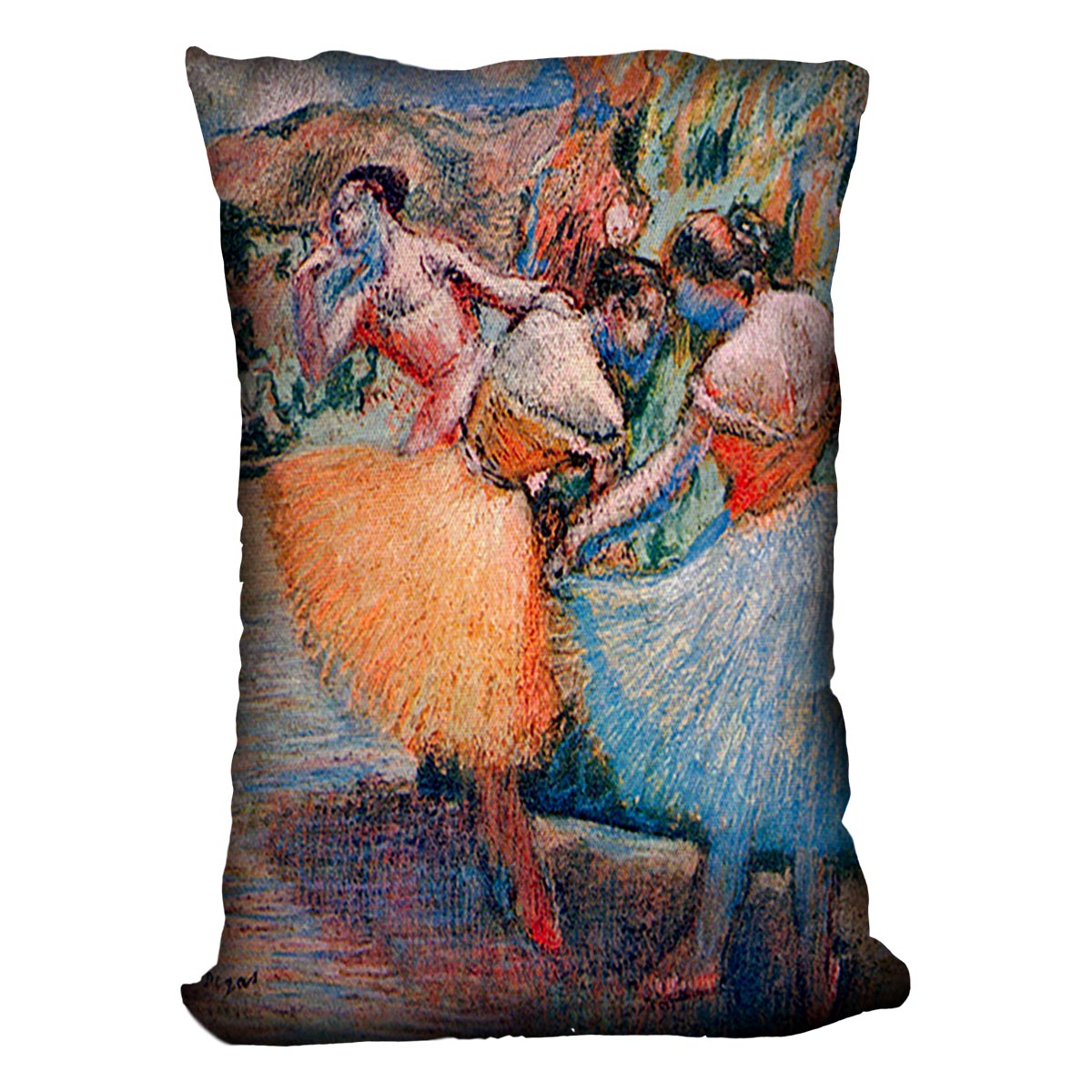 Three Dancers 1 by Degas Cushion featuring vibrant colors and abstract design on luxurious vegan faux suede.