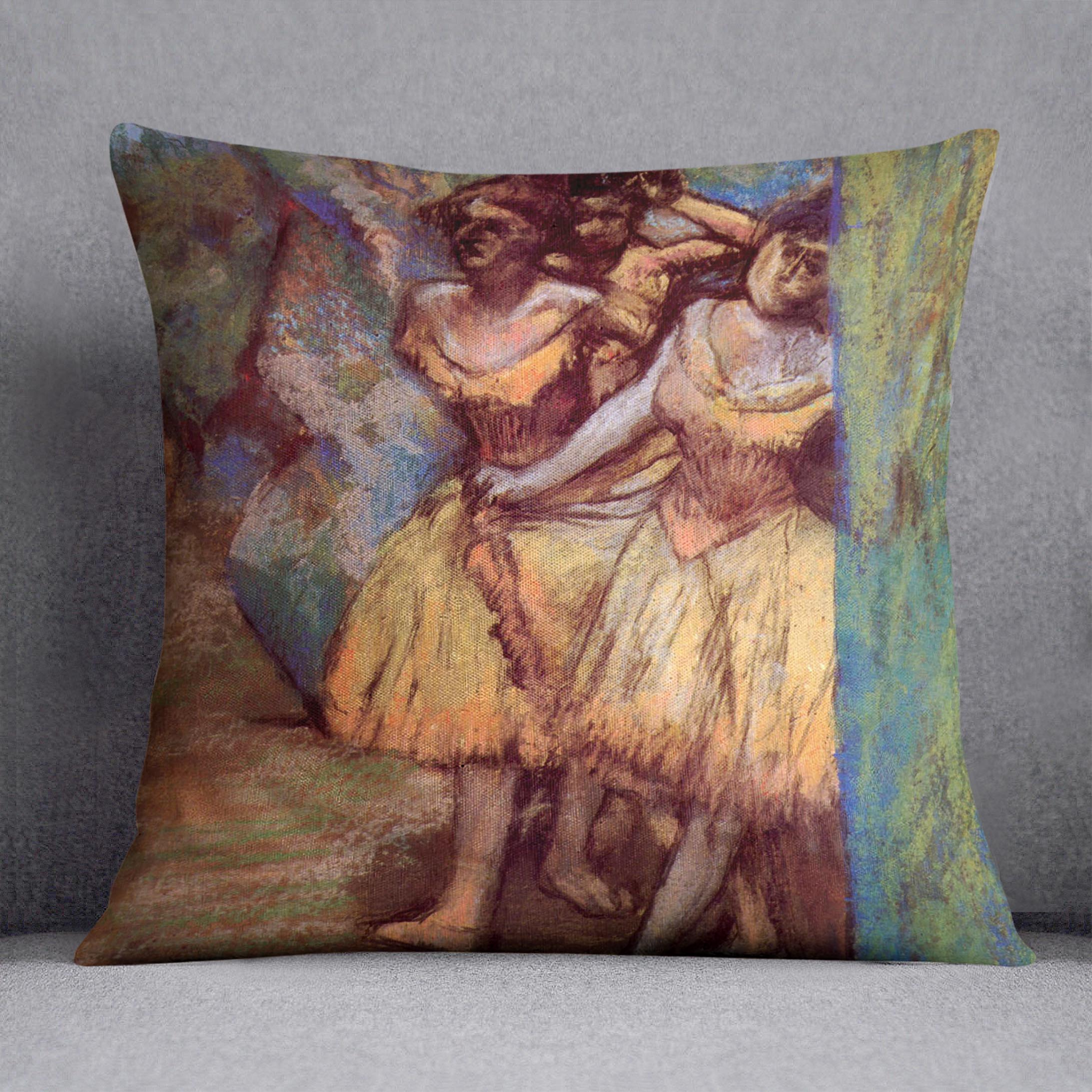 Three Dancers by Degas cushion featuring vibrant colors on luxurious vegan faux suede, perfect for home decor.