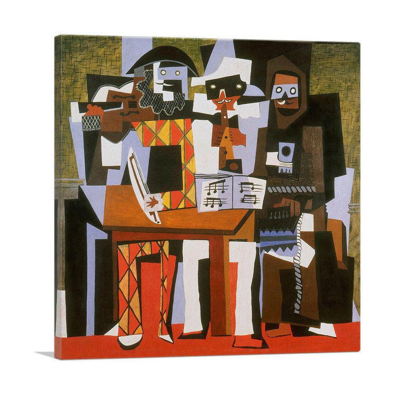 A vibrant canvas print of Picasso's 'Three Musicians 1921', showcasing geometric forms and bold colors.