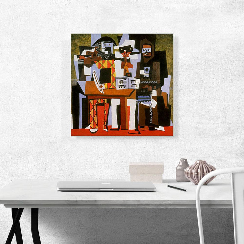 A vibrant canvas print of Picasso's 'Three Musicians 1921', showcasing geometric forms and bold colors.