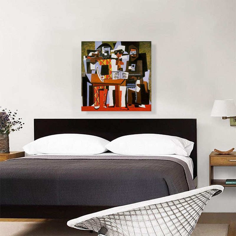 A vibrant canvas print of Picasso's 'Three Musicians 1921', showcasing geometric forms and bold colors.
