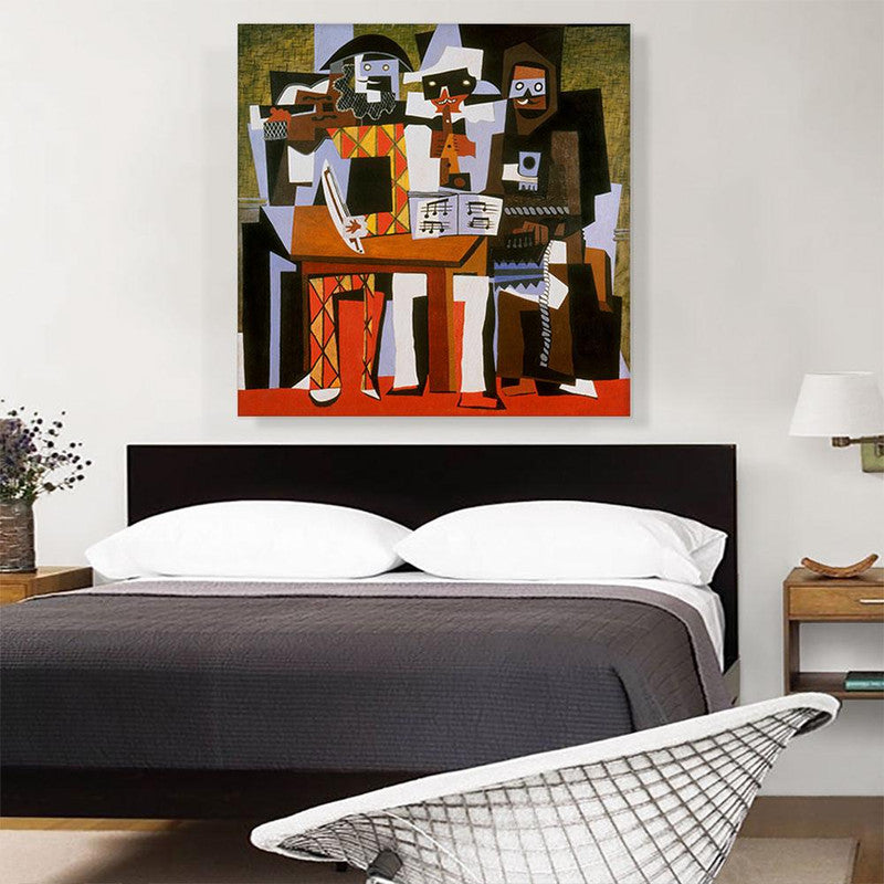 A vibrant canvas print of Picasso's 'Three Musicians 1921', showcasing geometric forms and bold colors.