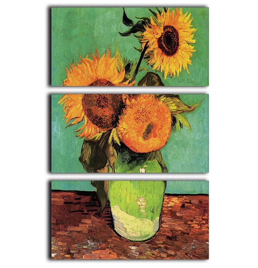Three Sunflowers in a Vase by Van Gogh, displayed as a split panel canvas print, showcasing vibrant colors and intricate details.