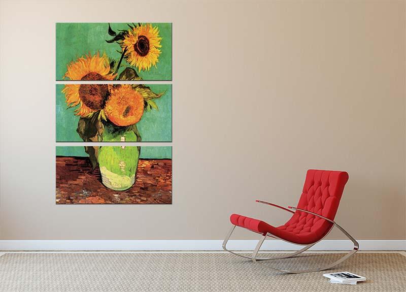 Three Sunflowers in a Vase by Van Gogh, displayed as a split panel canvas print, showcasing vibrant colors and intricate details.