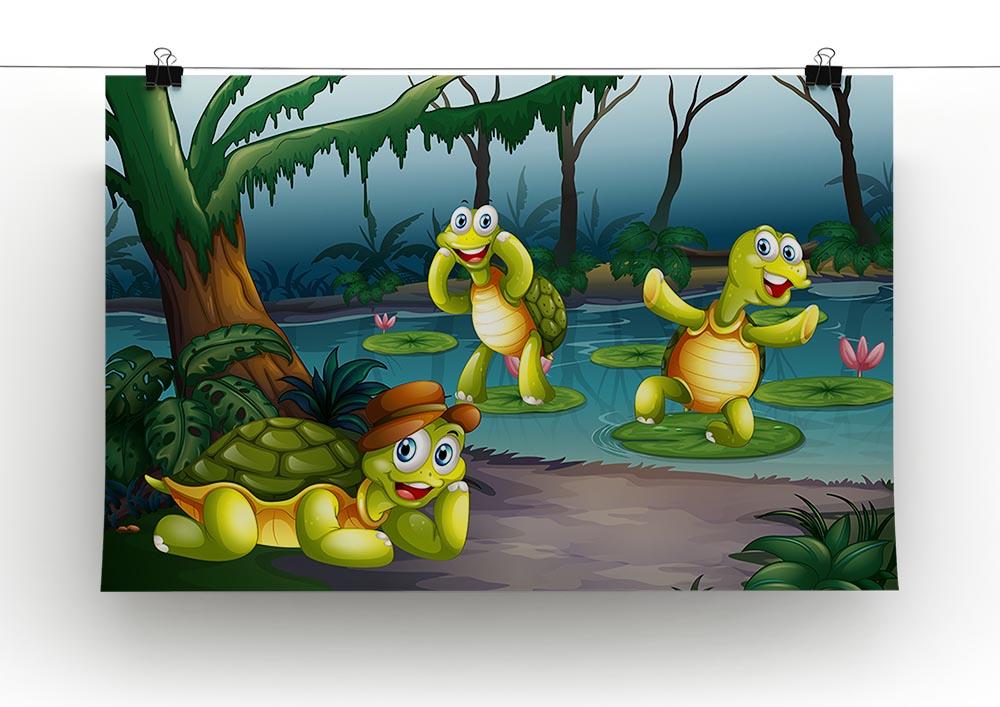 Canvas print or poster featuring three turtles swimming in a serene pond, showcasing vibrant colors and intricate details.