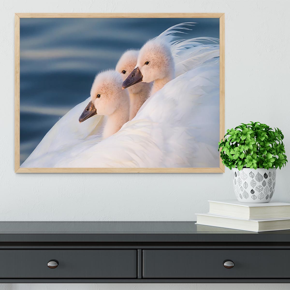 A beautifully framed print of three white swans, showcasing vibrant colors and elegant craftsmanship.