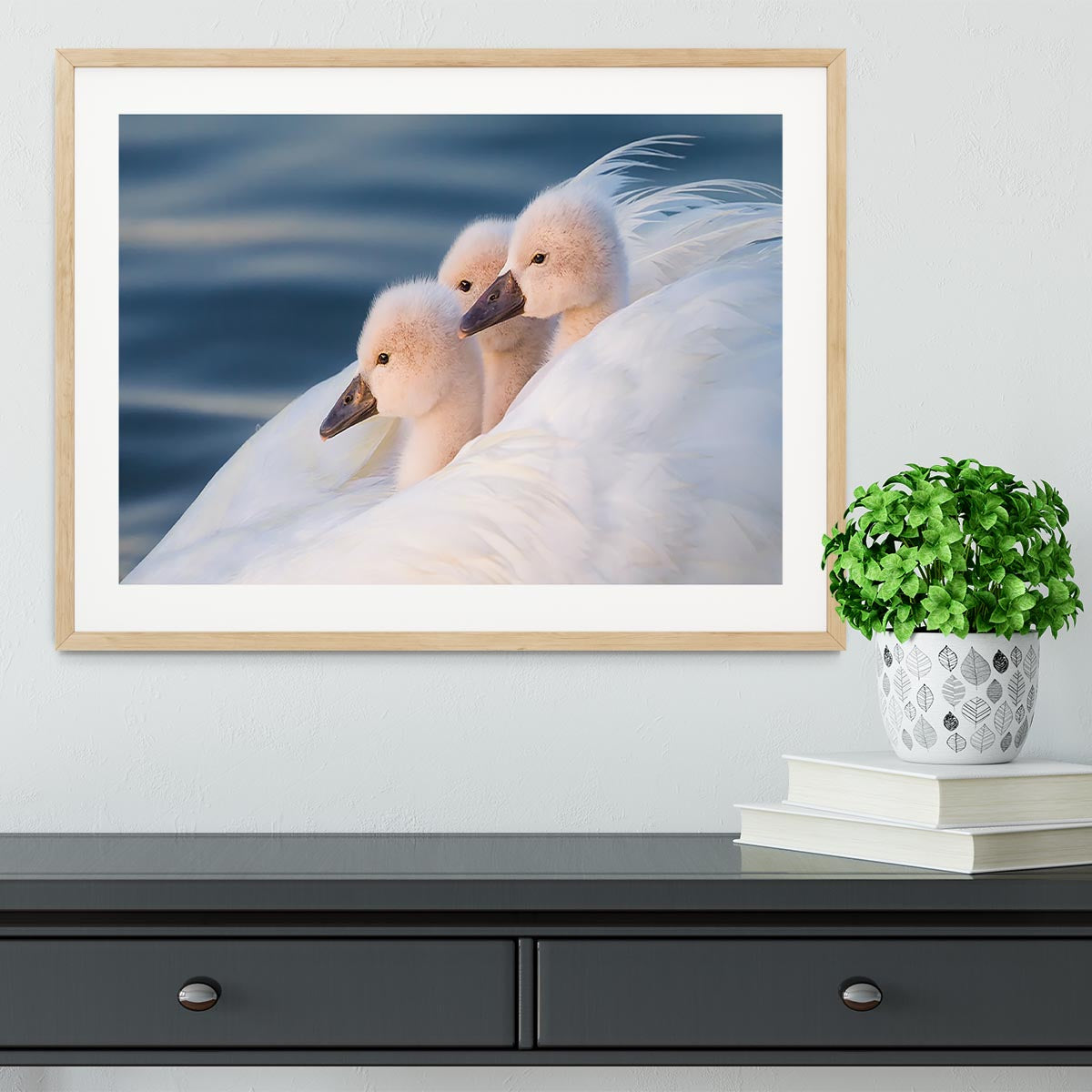 A beautifully framed print of three white swans, showcasing vibrant colors and elegant craftsmanship.