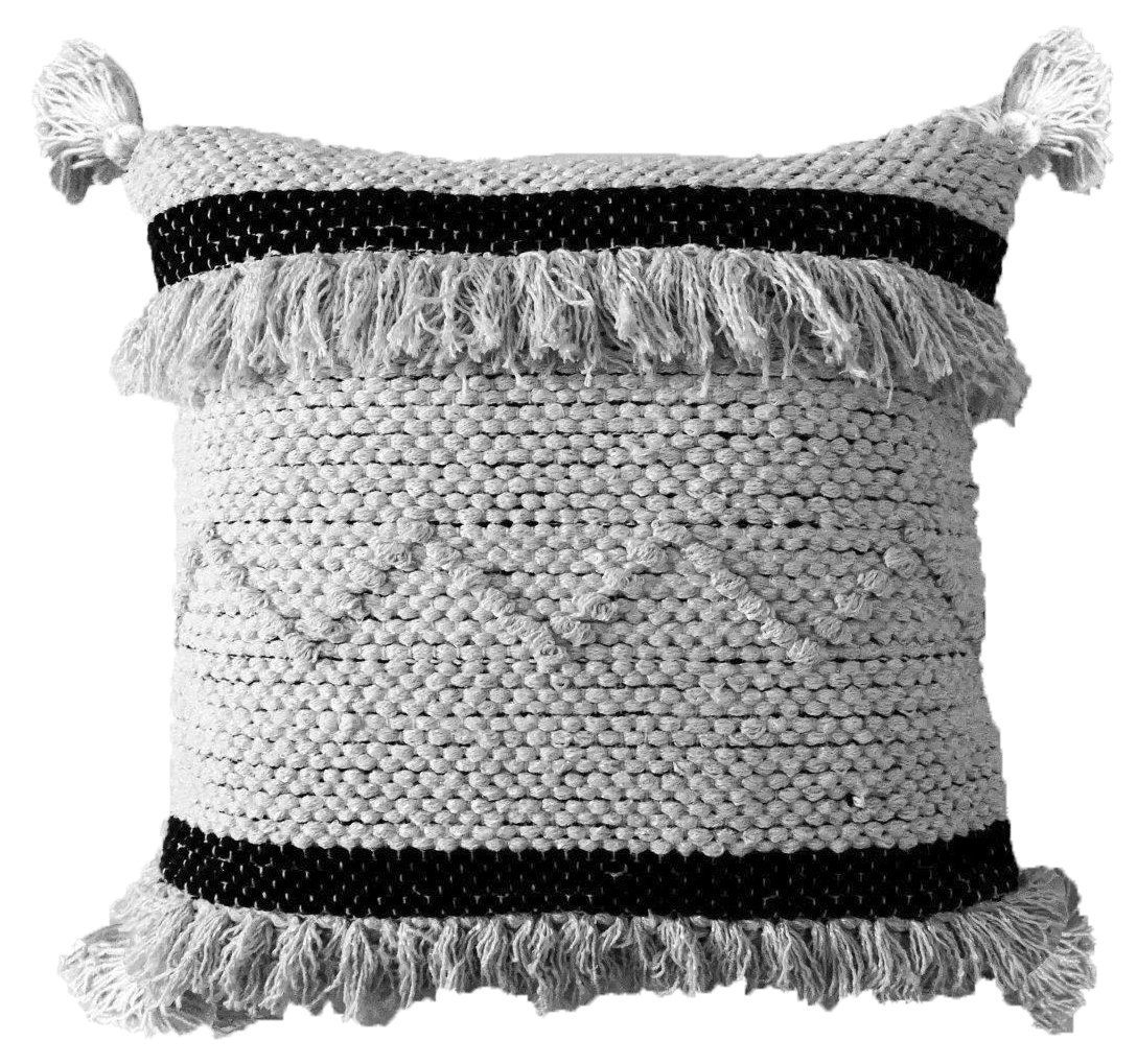 Black and beige striped throw pillow cover with insert, featuring modern beach style and corner fringes, measuring 20 inches by 20 inches.