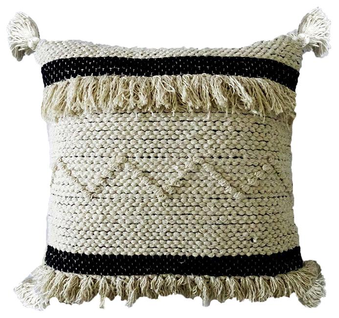 Black and beige striped throw pillow cover with insert, featuring modern beach style and corner fringes, measuring 20 inches by 20 inches.