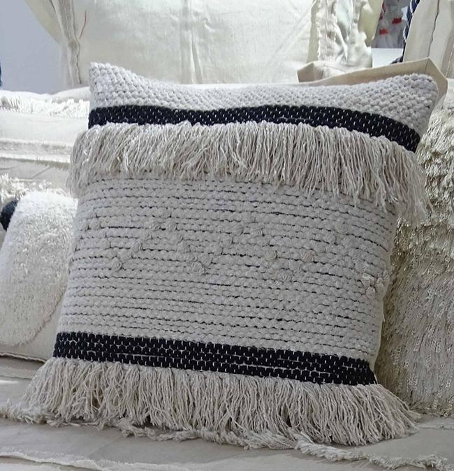 Black and beige striped throw pillow cover with insert, featuring modern beach style and corner fringes, measuring 20 inches by 20 inches.