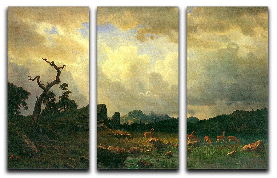 Three-panel canvas art depicting thunderstorms in the Rocky Mountains, showcasing dramatic skies and majestic peaks.