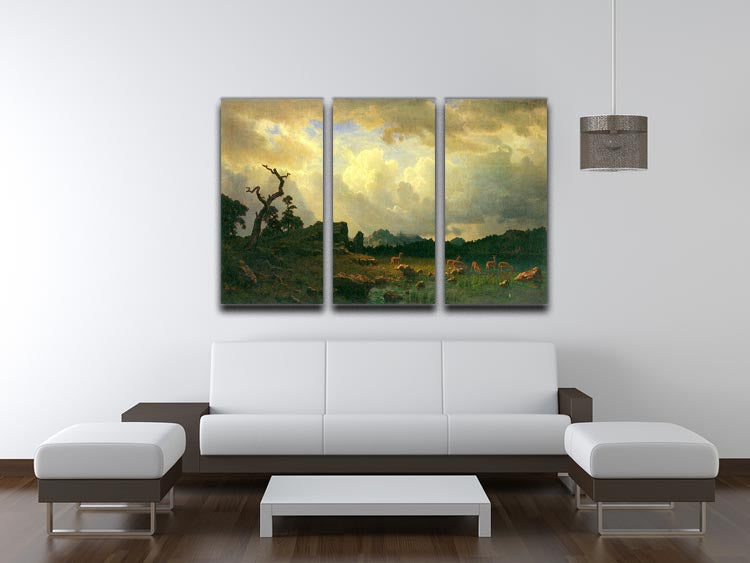 Three-panel canvas art depicting thunderstorms in the Rocky Mountains, showcasing dramatic skies and majestic peaks.