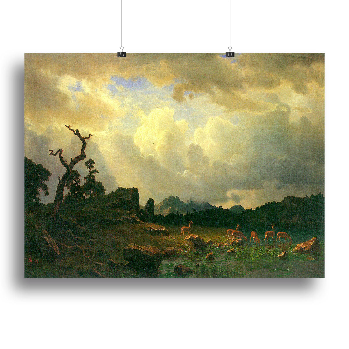 Canvas print of Thunderstorms in the Rocky Mountains by Bierstadt, showcasing dramatic clouds and vibrant colors over majestic mountains.