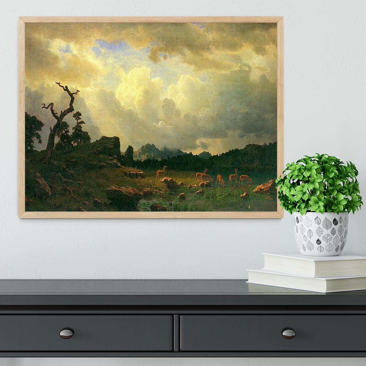 Framed print of Thunderstorms in the Rocky Mountains by Bierstadt, showcasing vibrant colors and intricate details in a handmade frame.