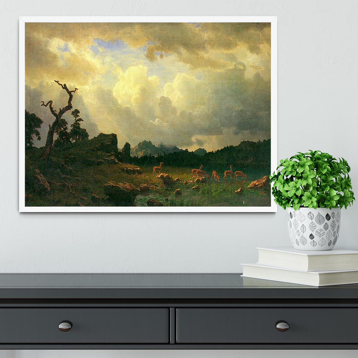 Framed print of Thunderstorms in the Rocky Mountains by Bierstadt, showcasing vibrant colors and intricate details in a handmade frame.