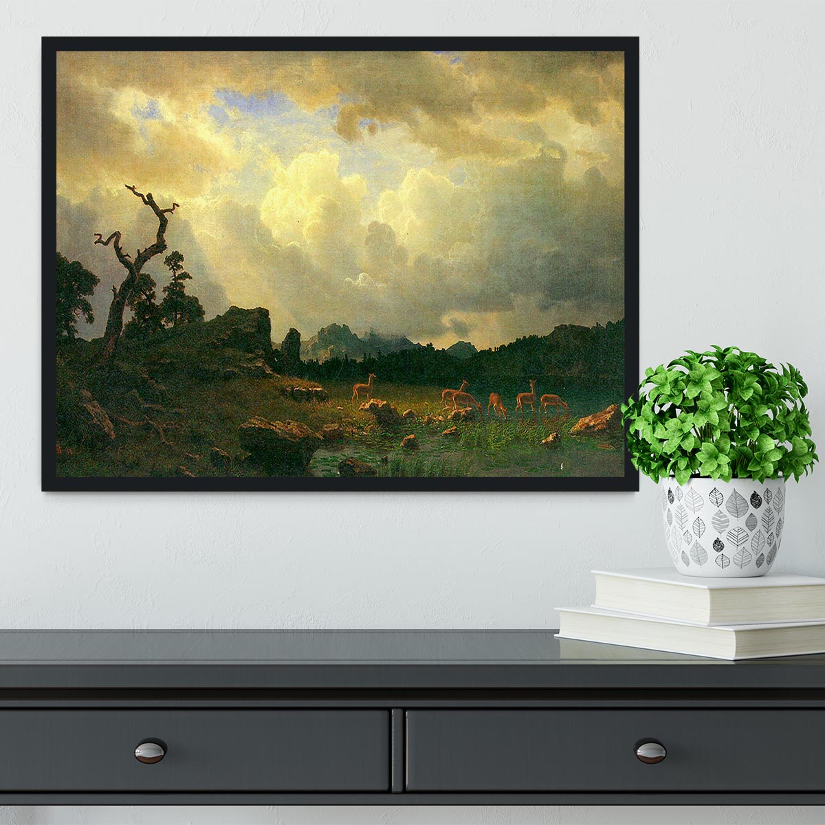 Framed print of Thunderstorms in the Rocky Mountains by Bierstadt, showcasing vibrant colors and intricate details in a handmade frame.