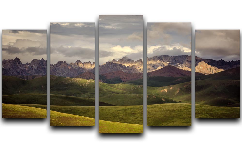 A stunning 5-split canvas artwork depicting the Tibetan Plateau, showcasing vibrant colors and intricate details across five panels.