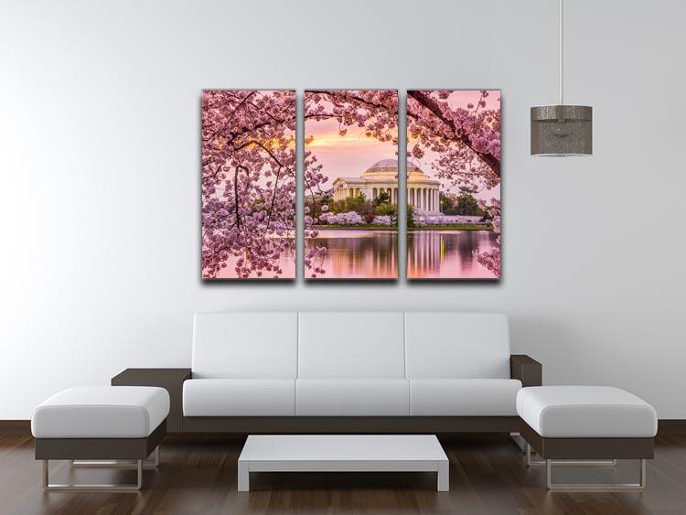 Three-panel canvas art featuring cherry blossoms at Tidal Basin and Jefferson Memorial, showcasing vibrant colors and elegant design.