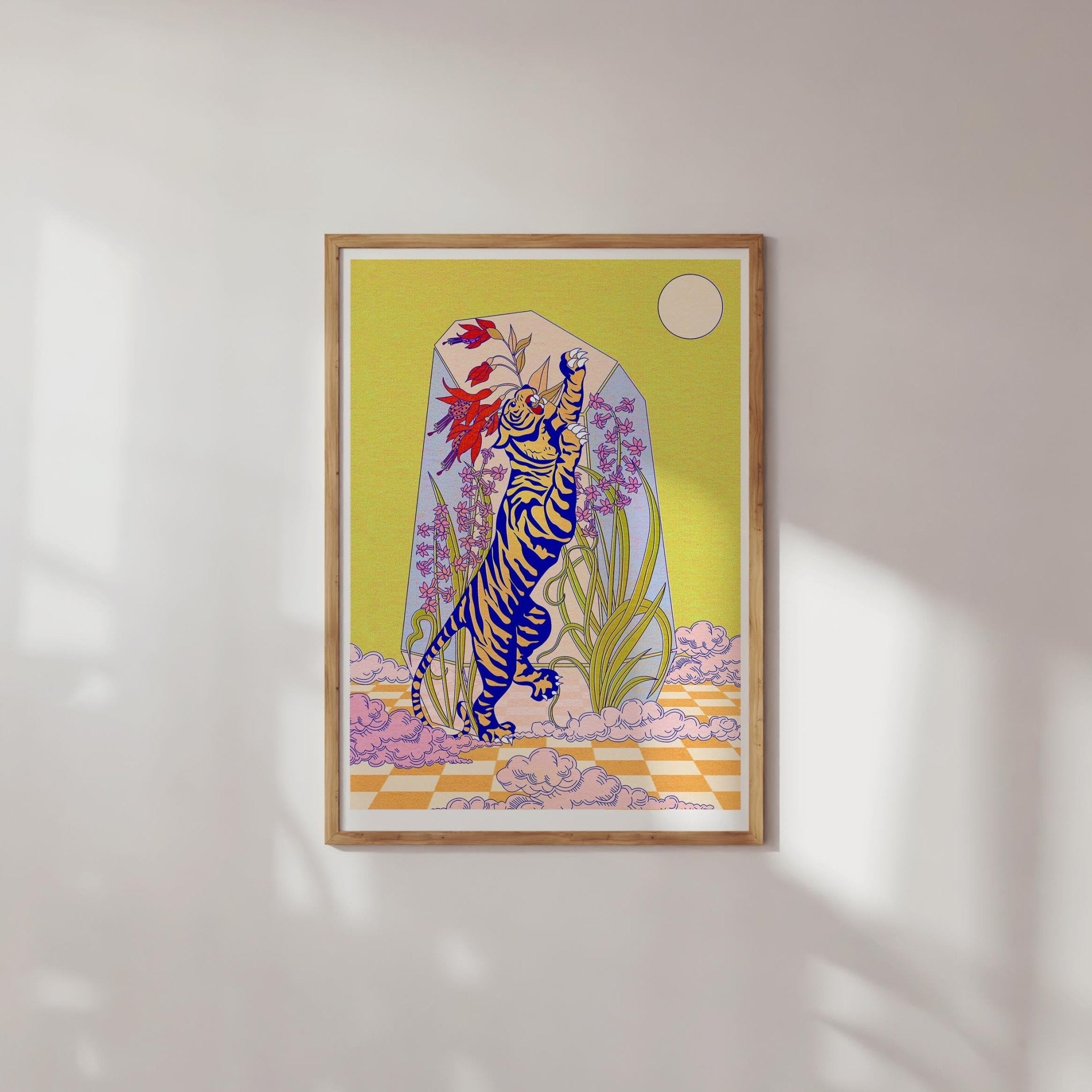 A vibrant Tiger Terrarium Art Print featuring intricate details and bold colors, perfect for boho decor.