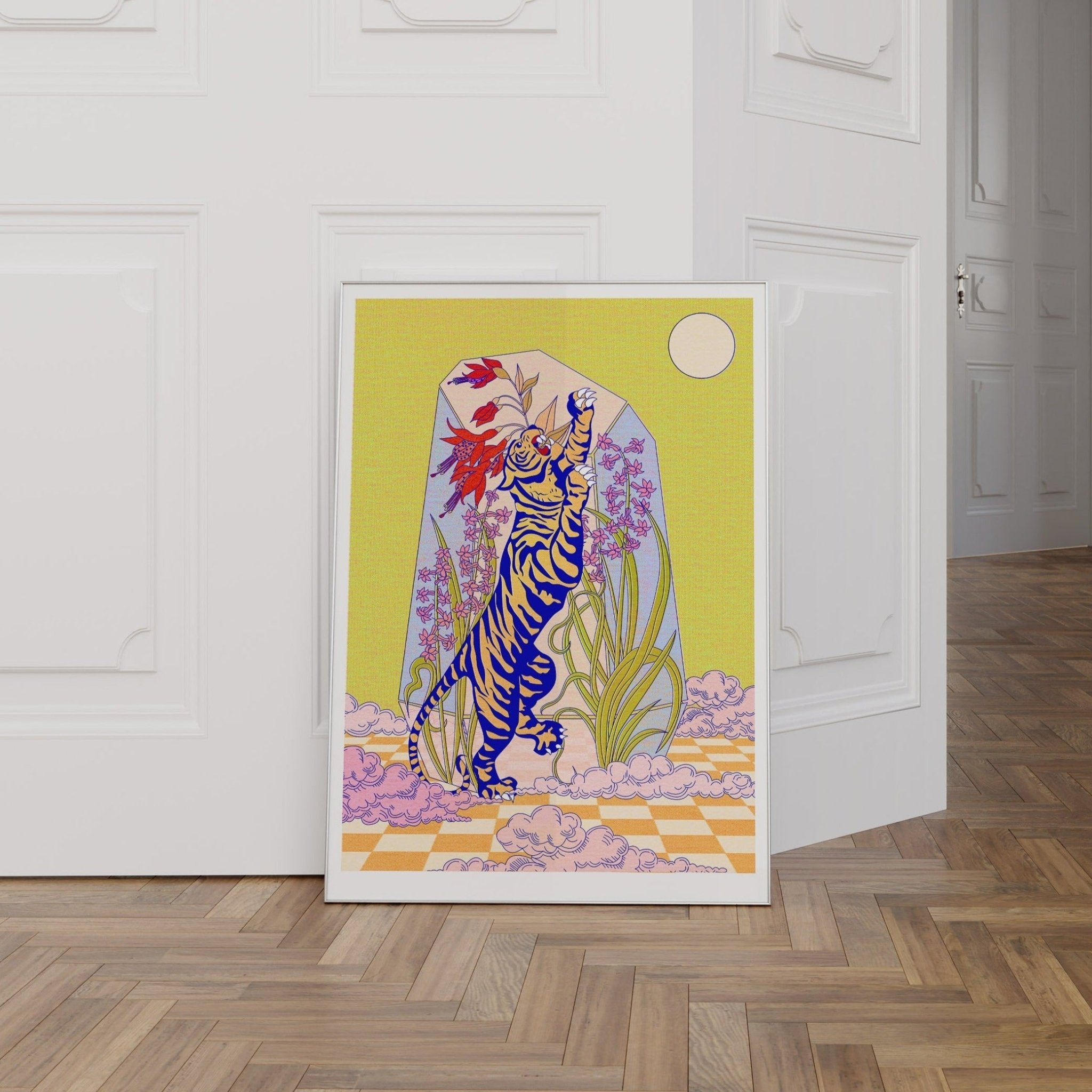 A vibrant Tiger Terrarium Art Print featuring intricate details and bold colors, perfect for boho decor.