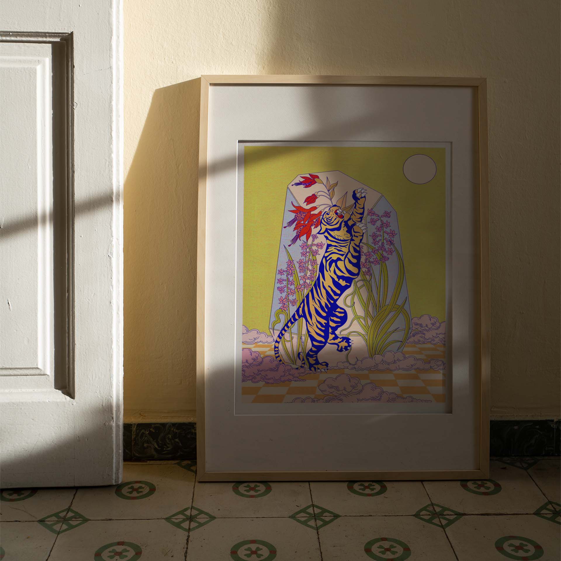 A vibrant Tiger Terrarium Art Print featuring intricate details and bold colors, perfect for boho decor.