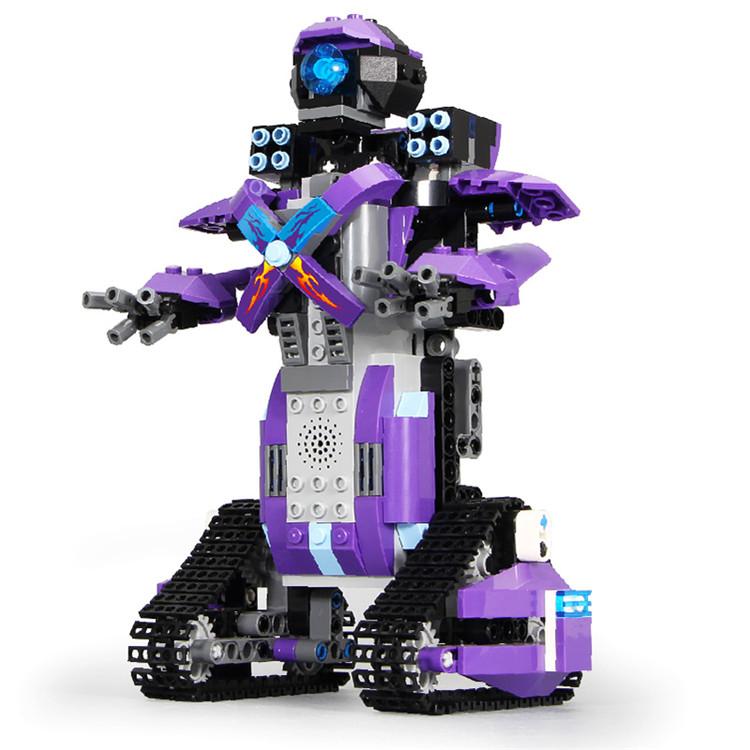 A colorful app-controlled robot designed for kids, showcasing its creative building blocks and interactive features.